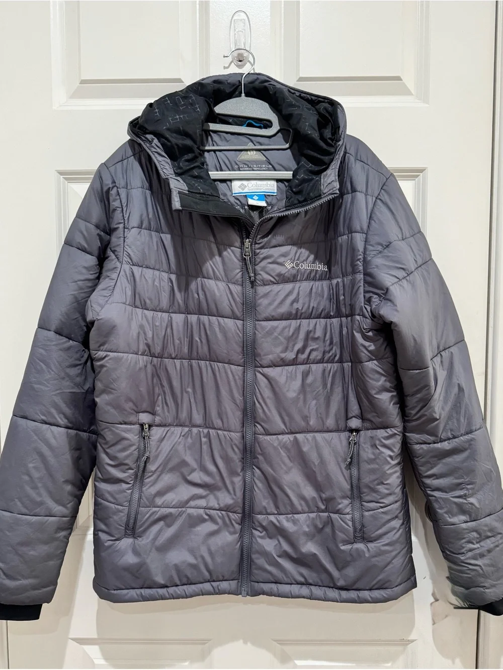 Columbia Men’s Gray Hooded Puffer Jacket Coat Omni-Heat Size M Full Zip